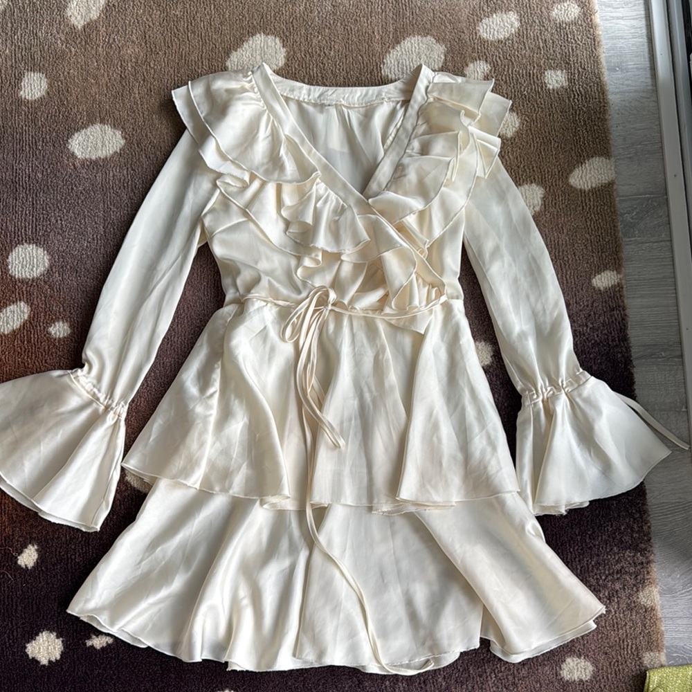 Cream V Neck Ruffle Dress